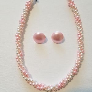 VTG Pink & White Twist Pearl Necklace & Earrings
